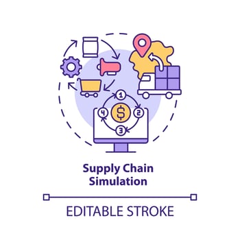 Supply chain simulation concept icon. Logistics network abstract idea thin line illustration. Digital twin usage. Isolated outline drawing. Editable stroke. Roboto-Medium, Myriad Pro-Bold fonts used vector