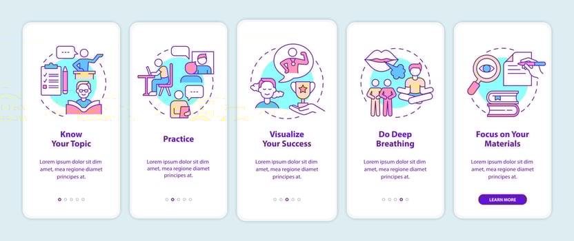Overcoming fear of public speaking onboarding mobile app screen. Anxiety walkthrough 5 steps graphic instructions pages with linear concepts. UI, UX, GUI template. Myriad Pro-Bold, Regular fonts used vector