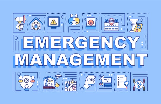Emergency management word concepts blue banner. Public service. Infographics with linear icons on background. Isolated typography. Vector outline color illustration with text. Arial-Black font used