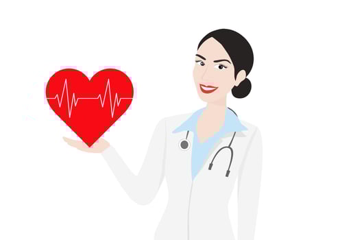 Smiling woman doctor holding red heart rate beat vector illustration. Heart check up and health medical care design