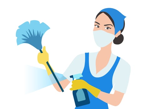 Housekeeping wearing surgical mask and holding hygiene cleaning products to clean house to protect COVID-19 coronavirus outbreak. Disinfection and hygiene cleaning concept background vector