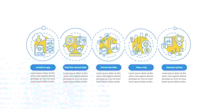 Bicycle share usage vector infographic template. Unlock bike presentation outline design elements. Data visualization with 5 steps. Process timeline info chart. Workflow layout with line icons
