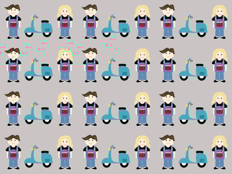 boy and girl cartoon characters standing with motorcycles seamless pattern on gray background vector
