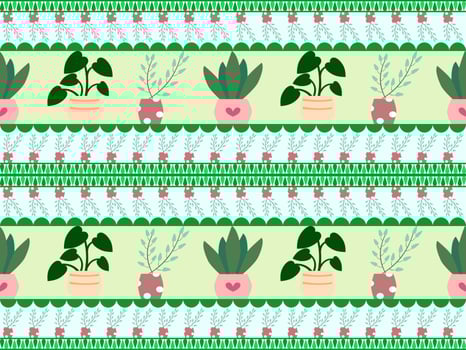 cartoon plant potted character seamless pattern on green background vector
