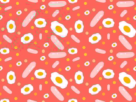 fried egg and sausage cartoon characters seamless pattern on red background vector