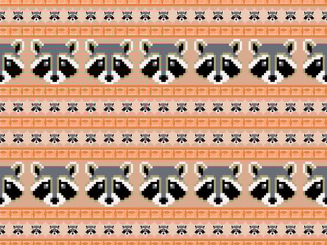 raccoon cartoon character seamless pattern on orange background. Pixel style vector