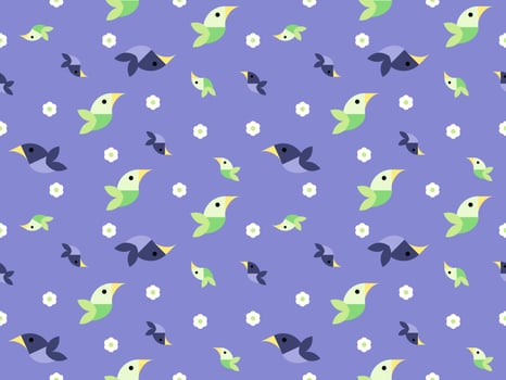 Bird cartoon character seamless pattern on purple background vector