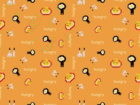Food cartoon character seamless pattern on orange background.Pixel style vector