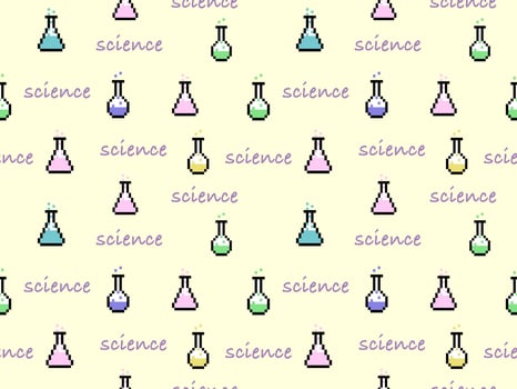 Test tube cartoon character seamless pattern on yellow background.Pixel style vector