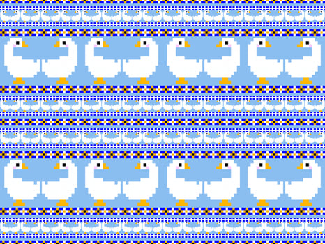 Goose cartoon character seamless pattern on blue background.Pixel style vector