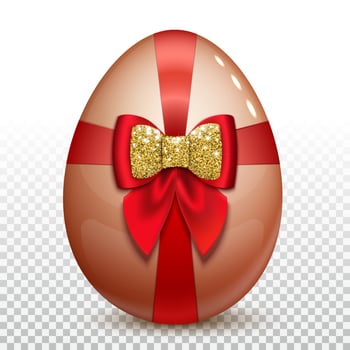 Easter egg with a red satin bow and gold glitter. Isolated on a transparent background. 3D vector illustration.