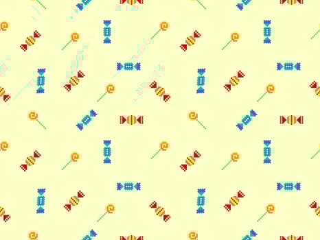 Candy cartoon character seamless pattern on yellow background.Pixel style vector