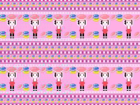Girl with macaron cartoon character seamless pattern on pink background.Pixel style vector