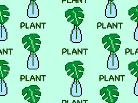 Plant cartoon character seamless pattern on green background.Pixel style vector