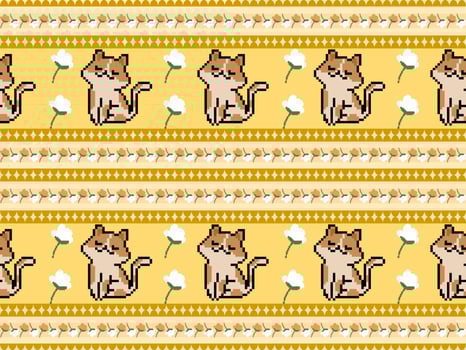 Cat cartoon character seamless pattern on yellow background.Pixel style vector