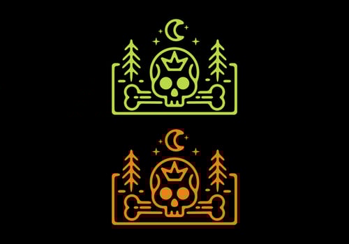 Green and orange illustration of skull head in dark background vector