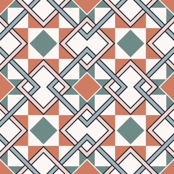 Geometric checkered square overlapping shape seamless pattern background. Ethnic Morocco persian brown-green color retro design. Use for home interior decoration elements. vector