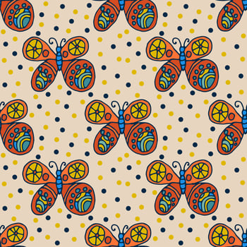 Repeating pattern with hand-drawn colorful butterflies and small circles around in children's style on green. Seamless festive abstract background, infinity wrapping paper. vector