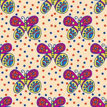 Repeating pattern with hand-drawn colorful butterflies and small circles around in children's style on green. Seamless festive abstract background, infinity wrapping paper. vector