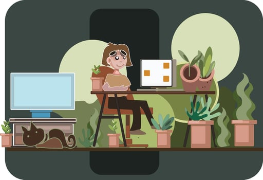 work at Home Office modern flat vector concept digital illustration home office metaphor, a freelancer guy working at home coronavirus Pandemic with mask