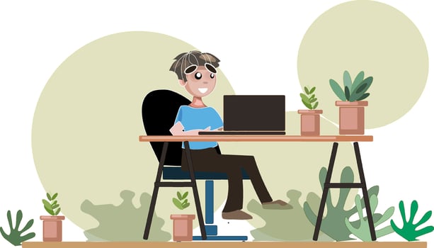 work at Home Office modern flat vector concept digital illustration home office metaphor, a freelancer guy working at home coronavirus Pandemic with mask