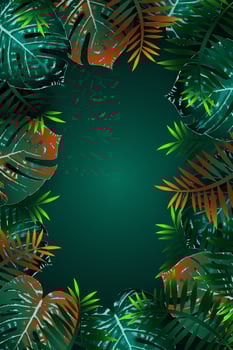 Summer green tropical flyer design with tropical flowers and monstera leaves. Frame design. Copy space vector