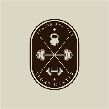 barbell and kettlebell emblem logo vector vintage illustration template icon graphic design. gym or fitness sign or symbol for business sport with badge and retro typography