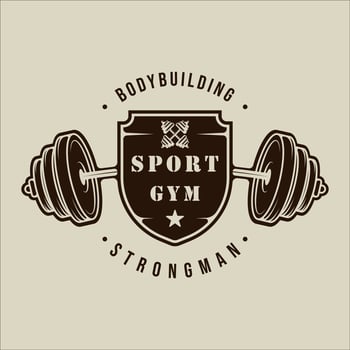 barbell and shield logo vector vintage illustration template icon graphic design. gym or fitness sign or symbol for sport business gymnasium with retro typography style