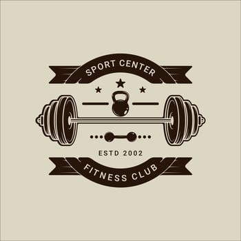barbell and kettlebell logo vector vintage illustration template icon graphic design. gym or fitness sign or symbol for sport business gymnasium with banner and retro typography style