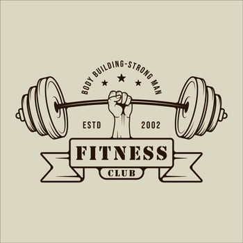 hand fist and barbell logo vector line vintage illustration template icon graphic design. gym or fitness sign or symbol for sport business with banner and typography style