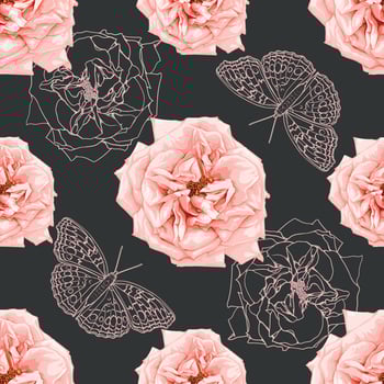 Seamless pattern floral with pink rose flowers and butterfly abstract background.Vector illustration watercolor hand drawning.For fabric pattern print design. vector