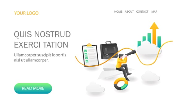 Landing page concept flat isometric illustration. businessman looking at successful business vector