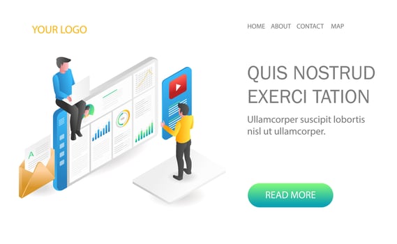 Landing page concept flat isometric illustration. two men monitoring data analysis web developer vector