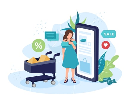 Vector illustration Young woman shopping online