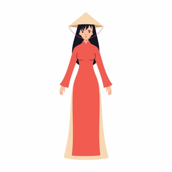 Beautiful Vietnamese woman in traditional clothes and headdress. People of Vietnam. Vector symbol in flat style. Asian girl in long dress.