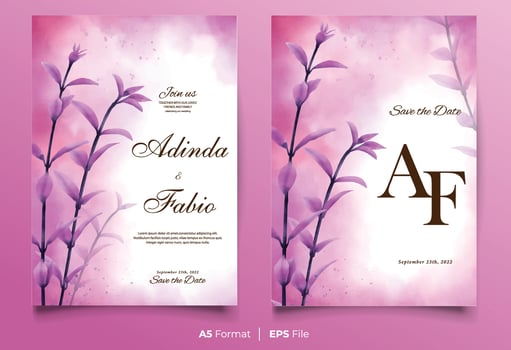 Watercolor wedding invitation template with purple flower ornament vector
