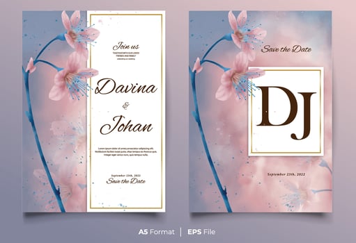 Watercolor wedding invitation template with peach flower ornament vector