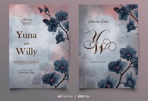Watercolor wedding invitation template with black flower ornament vector