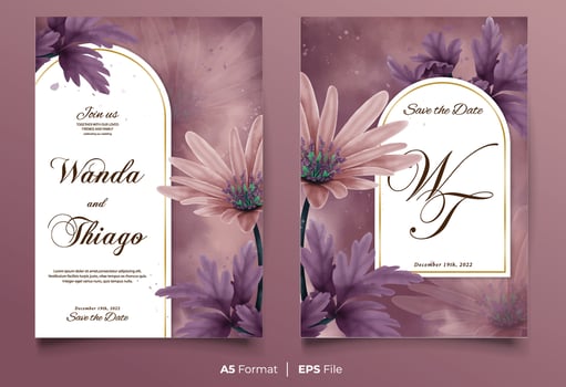 Watercolor wedding invitation template with peach and purple flower ornament vector