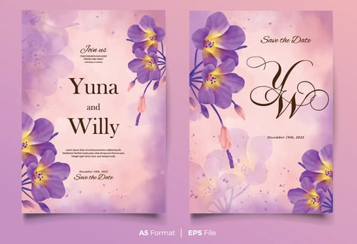 Watercolor wedding invitation template with purple and yellow flower ornament vector