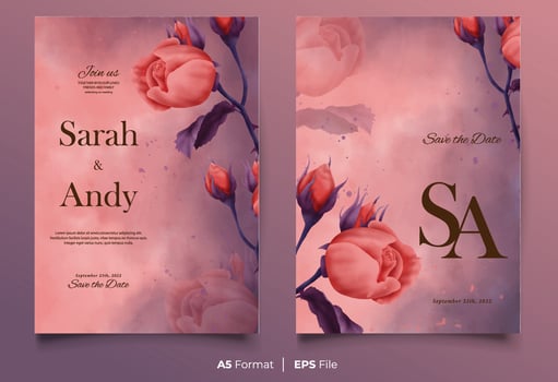 Watercolor wedding invitation template with red flower ornament vector