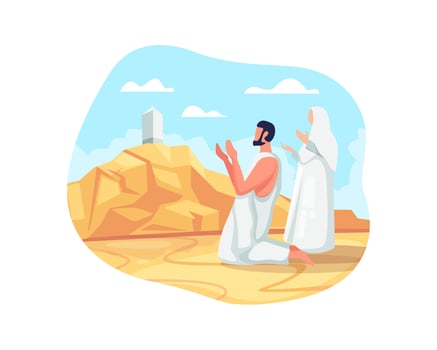 Hajj pilgrims pray at mount Arafat vector