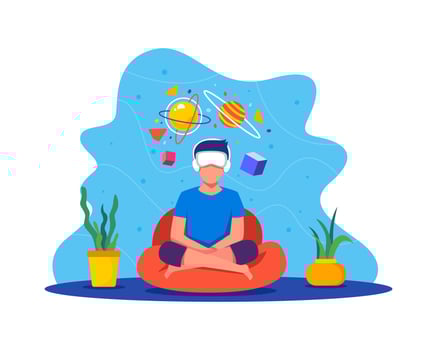 Young man use VR glasses at home vector