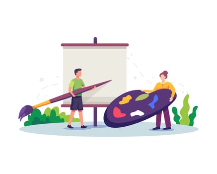 Artists painting on canvas flat illustration vector