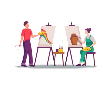 Artists painting on canvas flat illustration vector