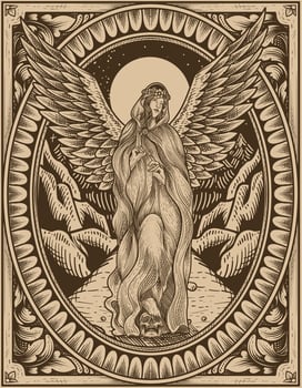 illustration vintage angel with engraving ornament style vector