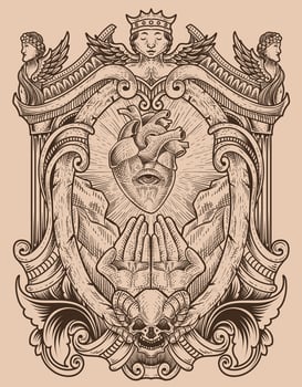 illustration antique heart with pray hand engraving style vector