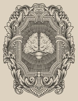 illustration antique brain with engraving style vector