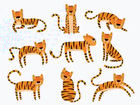 cute tiger character in different poses isolated on a white background. vector