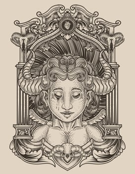illustration demonic angel with engraving style vector